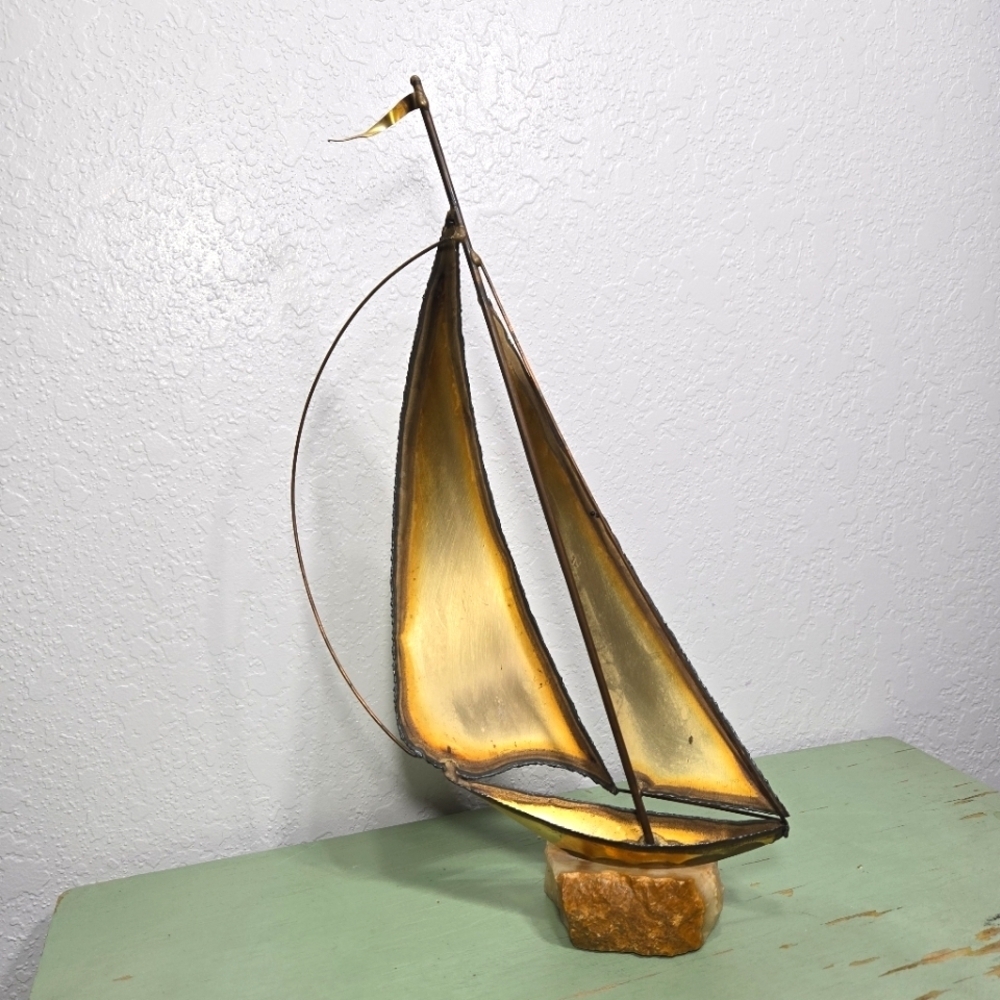 Metal Sailboat Sculpture Brass Copper Quartz Stone Base Signed by Artist Vintage